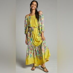 Anthropologie Eliora Yellow Floral Off-Shoulder Tie Belted Maxi Dress